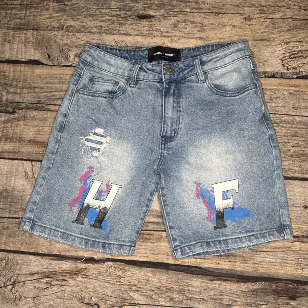 Homme + Femme Men's Hand Painted Logo Distressed Denim Jean Shorts Blue Size 30